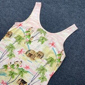 Weekend Traffic Hula Girl Tropical Mini Dress L Pink Yellow Rayon Vintage Style
